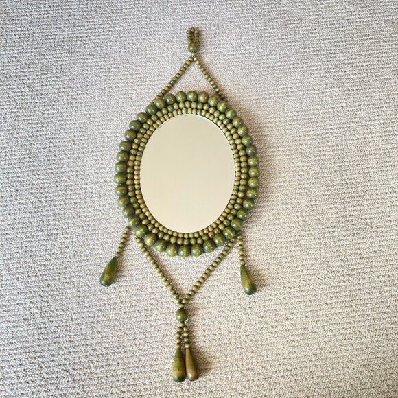 VTG Green Wooden Beads Tassels Frame Oval Mirror Boho Wall Hanging Cottagecore - Picture 10 of 17